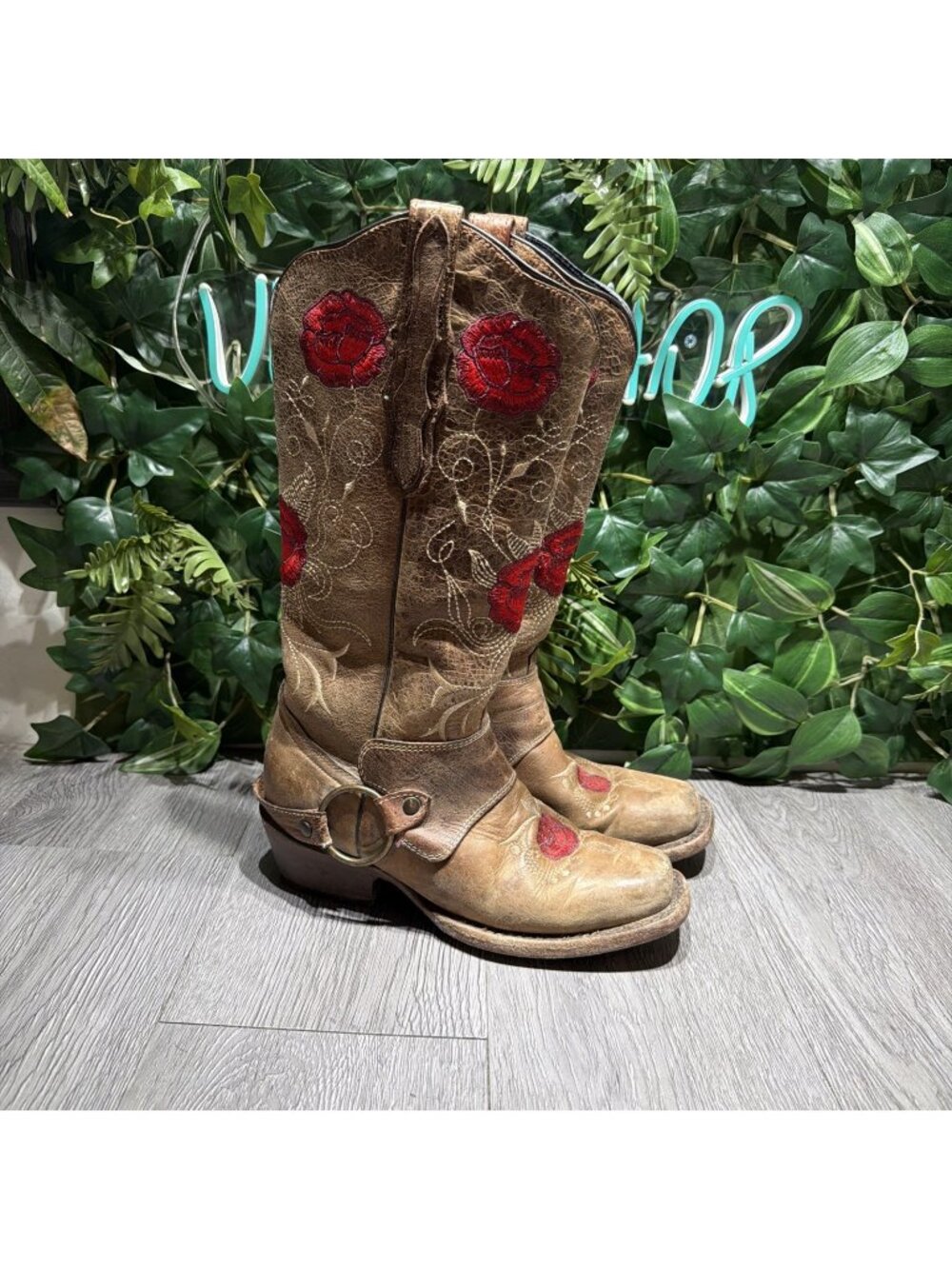 El General Rose Embroidery Cowboy Women Size 6 Leather Brown Harness